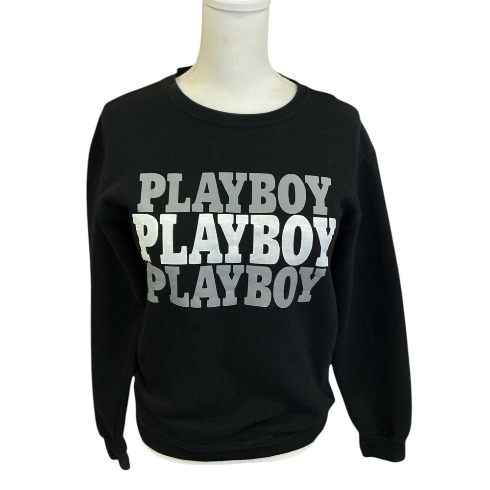 Playboy Sweatshirt Women Crew Neck Long Sleeve Black Gray White Logo Size Small - Picture 8 of 16
